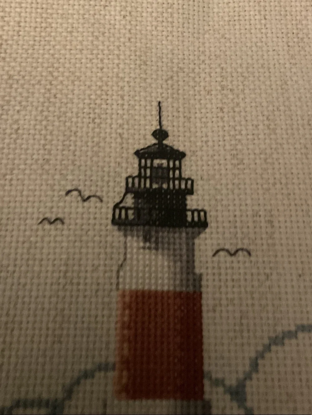 Handcrafted Lighthouse Cross-Stitch Wall Art - Red, White, Green